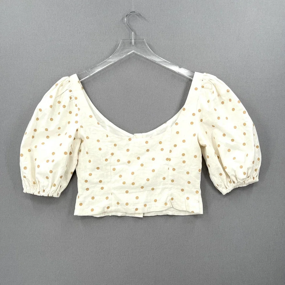 LPA Shirt Womens Medium White Linen Puff Sleeve Crop Top Button Front Polka Dot - Picture 4 of 14